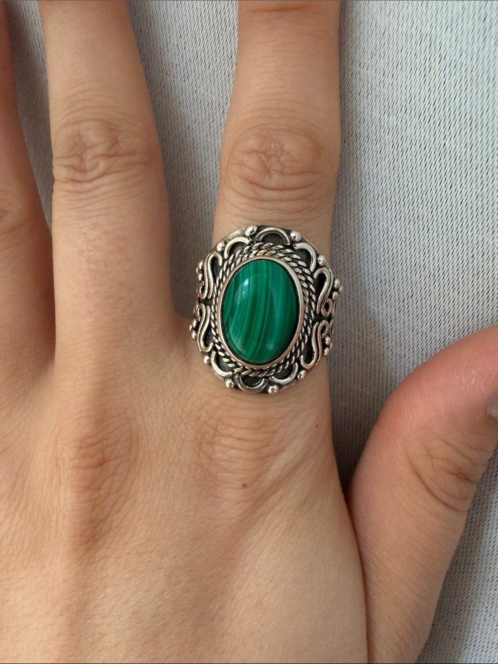 Vintage Malachite Filigree Silver Ring